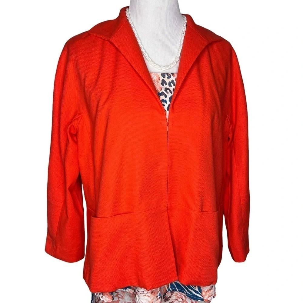 Lafayette 148 Orange 3/4 Sleeve Blazer Jacket Sz 12 Hook Closure Cotton Tailored